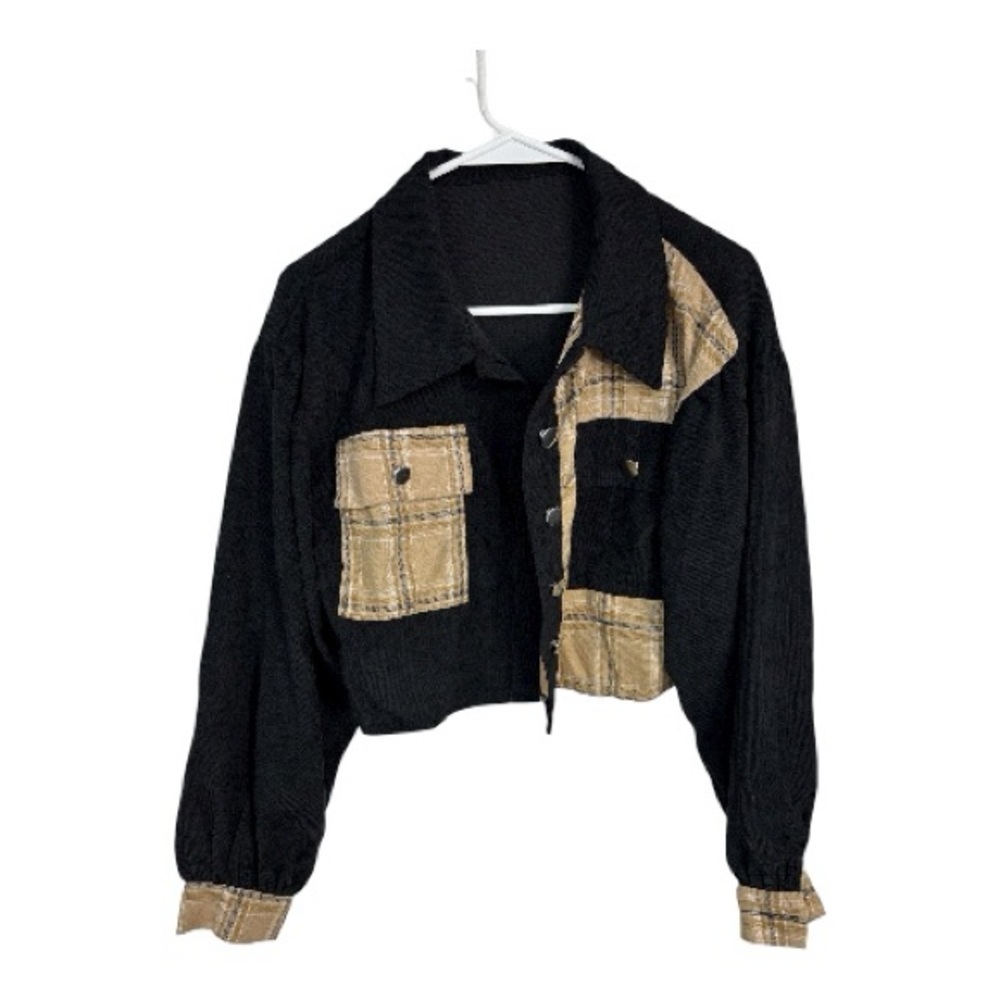 Shein Women’s Trendy Plaid and Black Cropped Corduroy Lightweight Jacket Size M